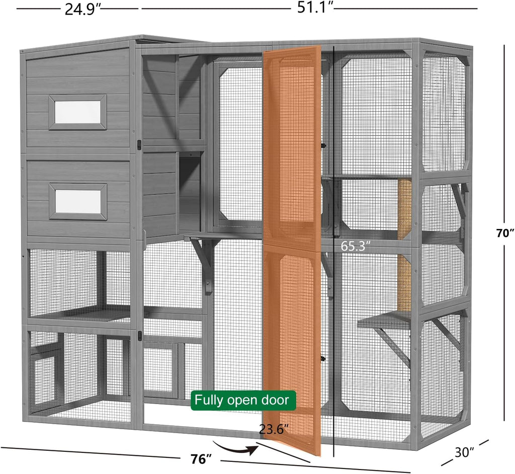 Catio Outdoor Cat Enclosure, 70 inch Large Cat House, Grey