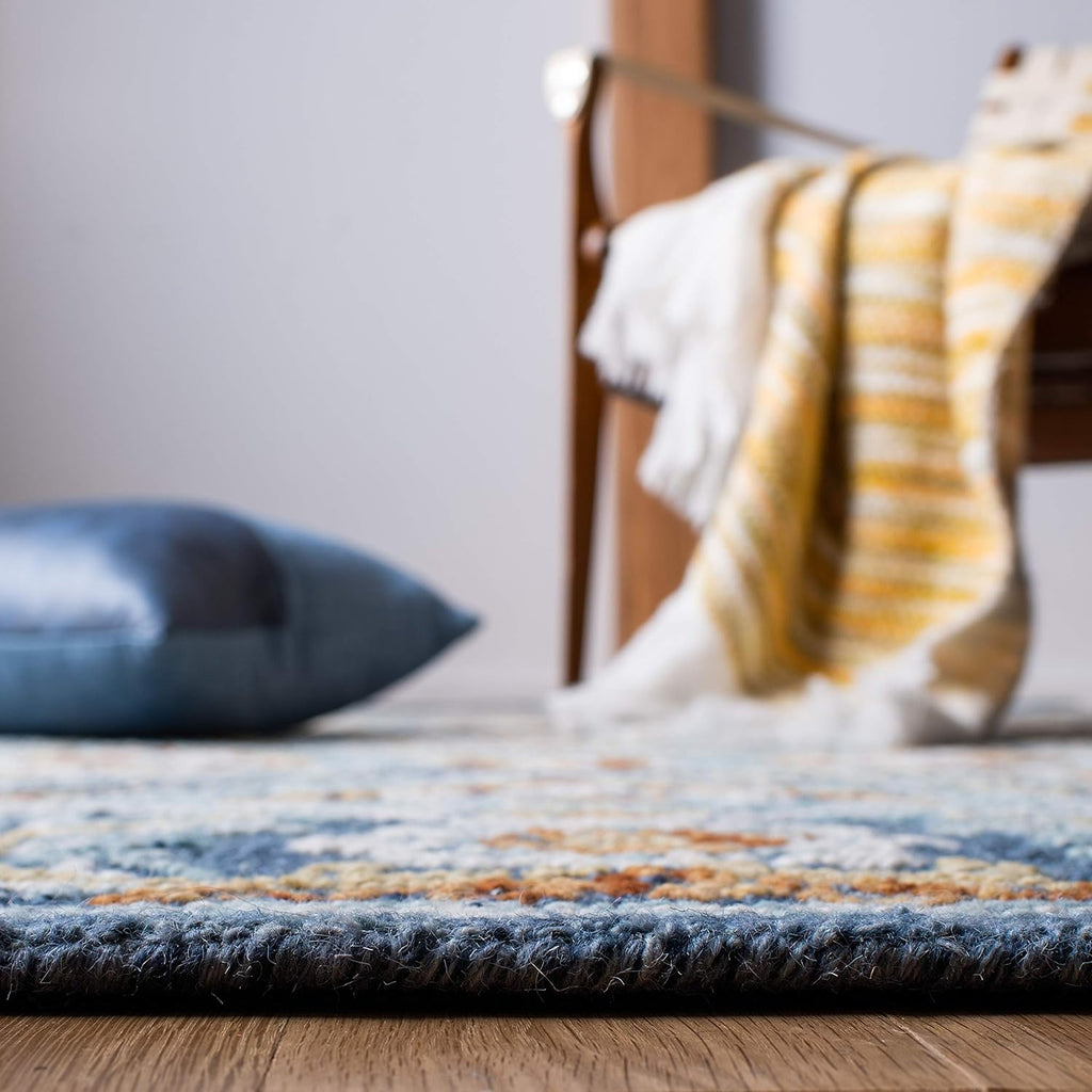 Blossom Area Rug - 9' x 12', Navy & Yellow, Handmade Wool