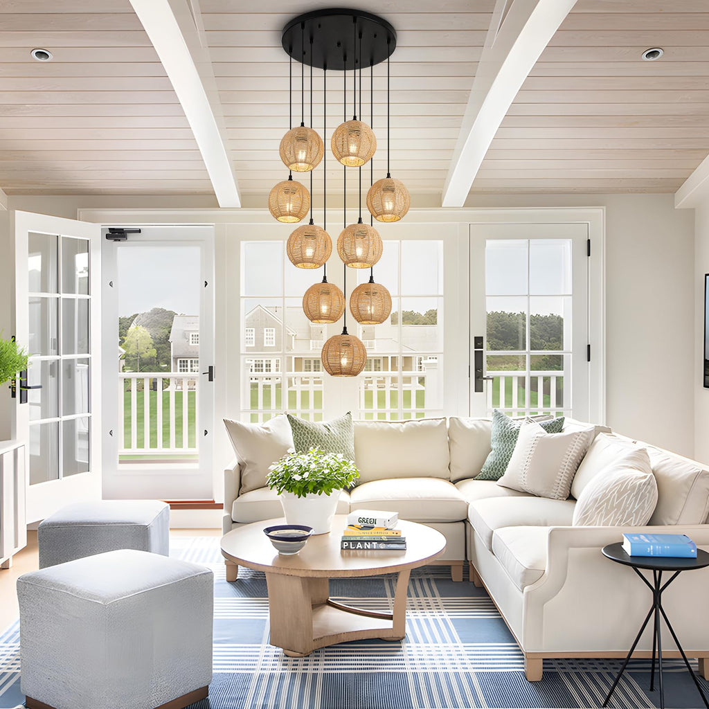 Round 9 Light Boho Pendant Light Rattan Hanging Lamp
