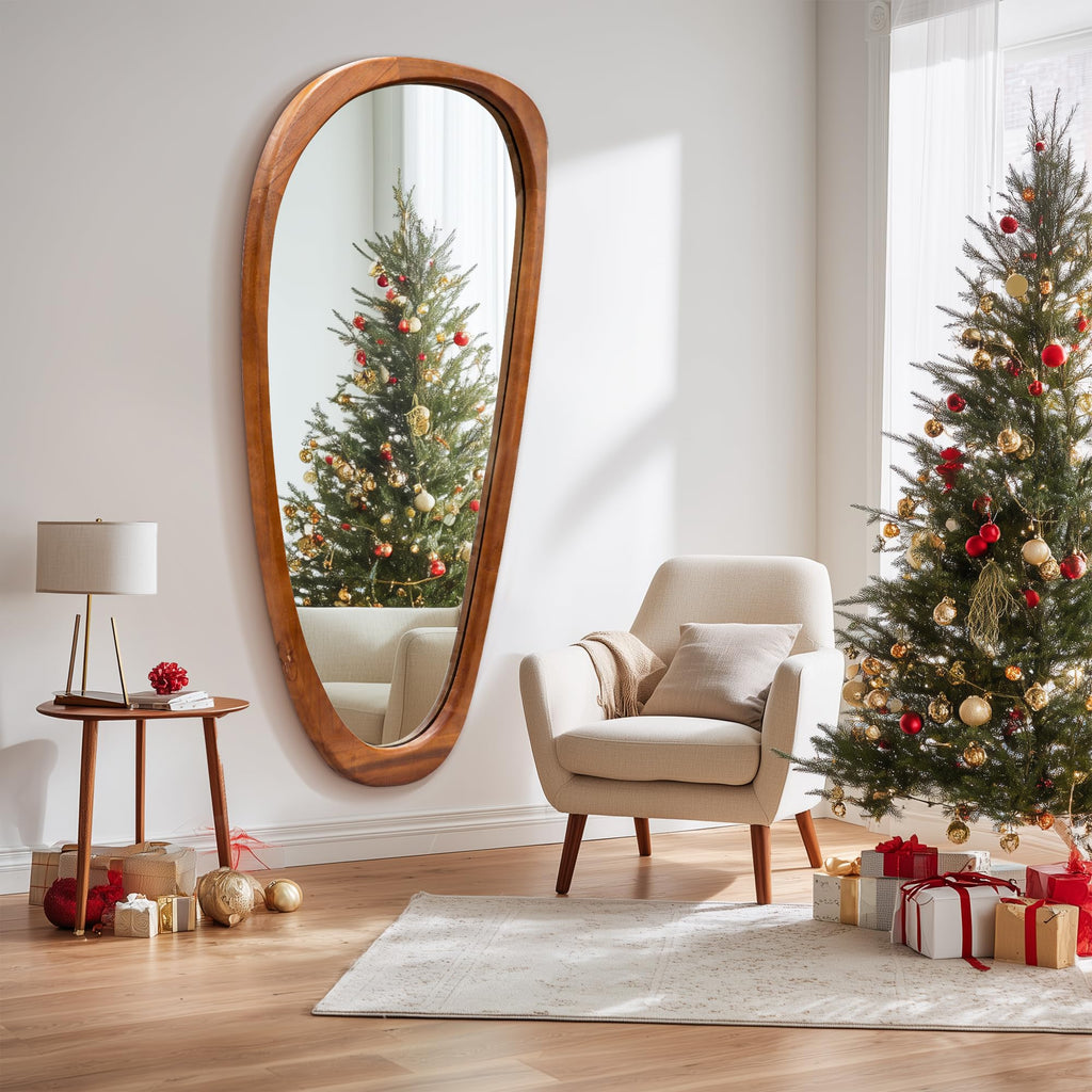 22''x48'' Asymmetrical Mirror with Wood Frame, Small Irregular Wall Odd Shaped Mid Century Modern Mirror Christmas