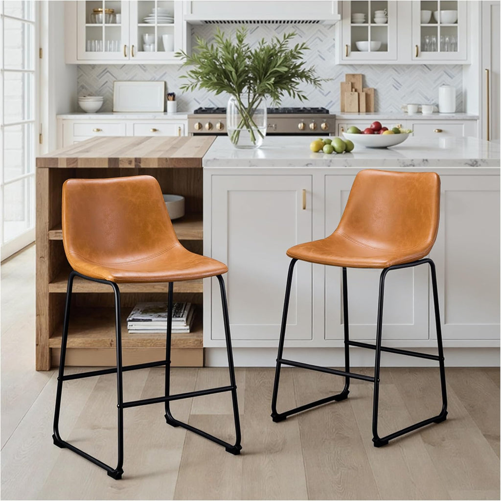 26 Inch Bar Stools Set of 2, Counter Height Bar stools Island, Modern Crazy Horse Leather Bar Stool with Back