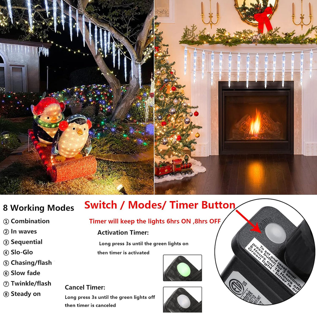 White Christmas Icicle Lights, 13FT 20 Tubes 90 LED, White