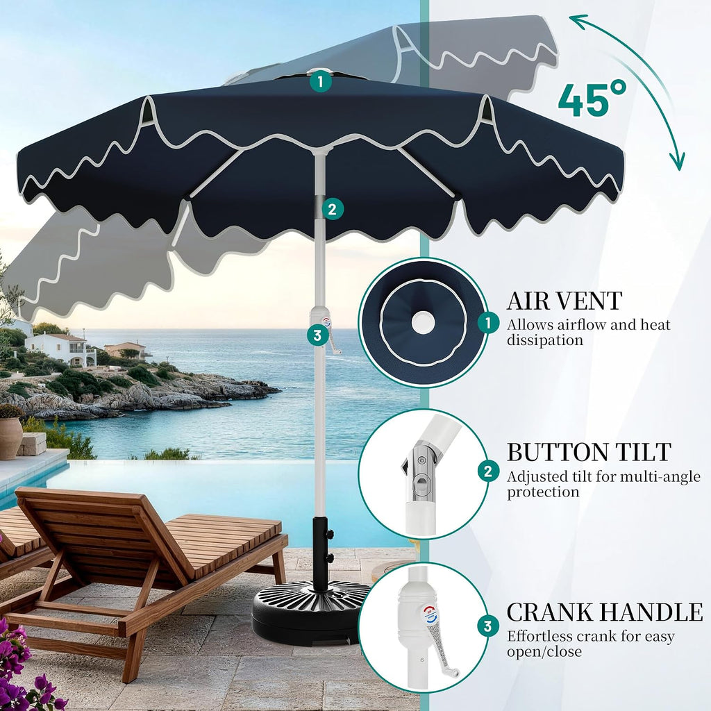 Patio Umbrella with Wavy Trim, UV-Fade-Resistant Canopy, Crank & Tilt - Navy 9ft
