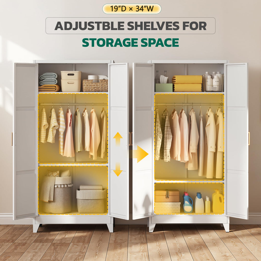 Metal Wardrobe Cabinet, 19" D x 34" W x 71" H Metal Wardrobe Closet with Hanging Rods and Adjustable Shelves, Clothing
