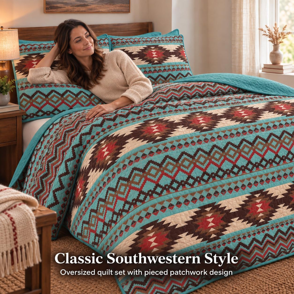 Rustic Southwestern Quilt Stitched Western Bedspread Bedding Set with Tribal Native American Patterns - Utah