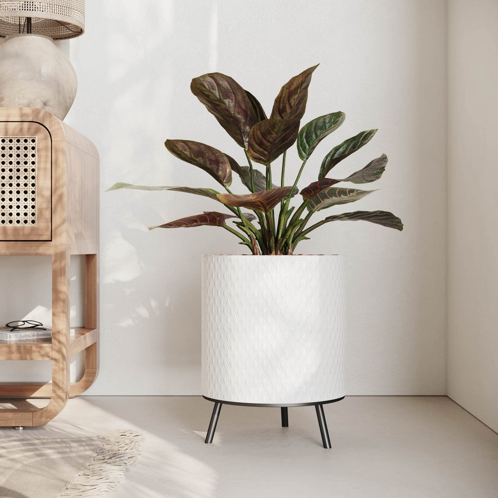 Claire Honeycomb Neutral Modern White Planter with Nyra Stand, Indoor Plant Pots, SelectBase, Mid-Century Modern