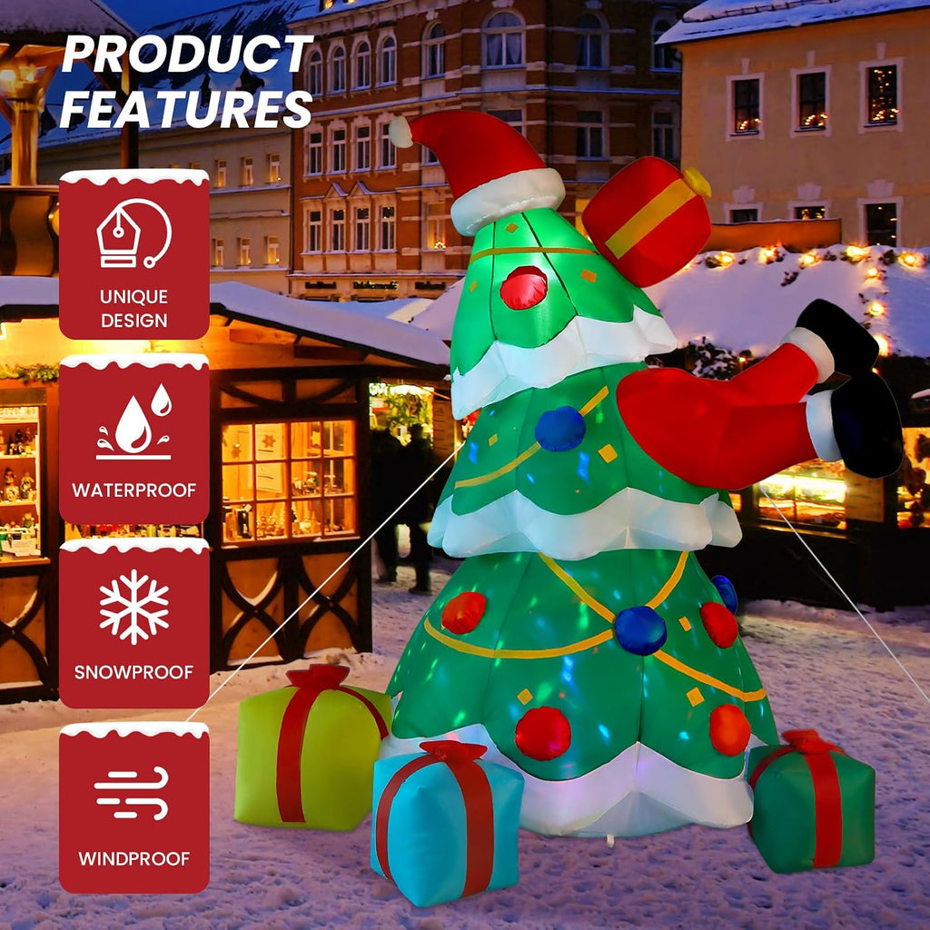 7FT Inflatable Christmas Tree Decorations Outdoor with Built-in LEDs Lights, Blow Up Santa Claus Tree with 4 Gift