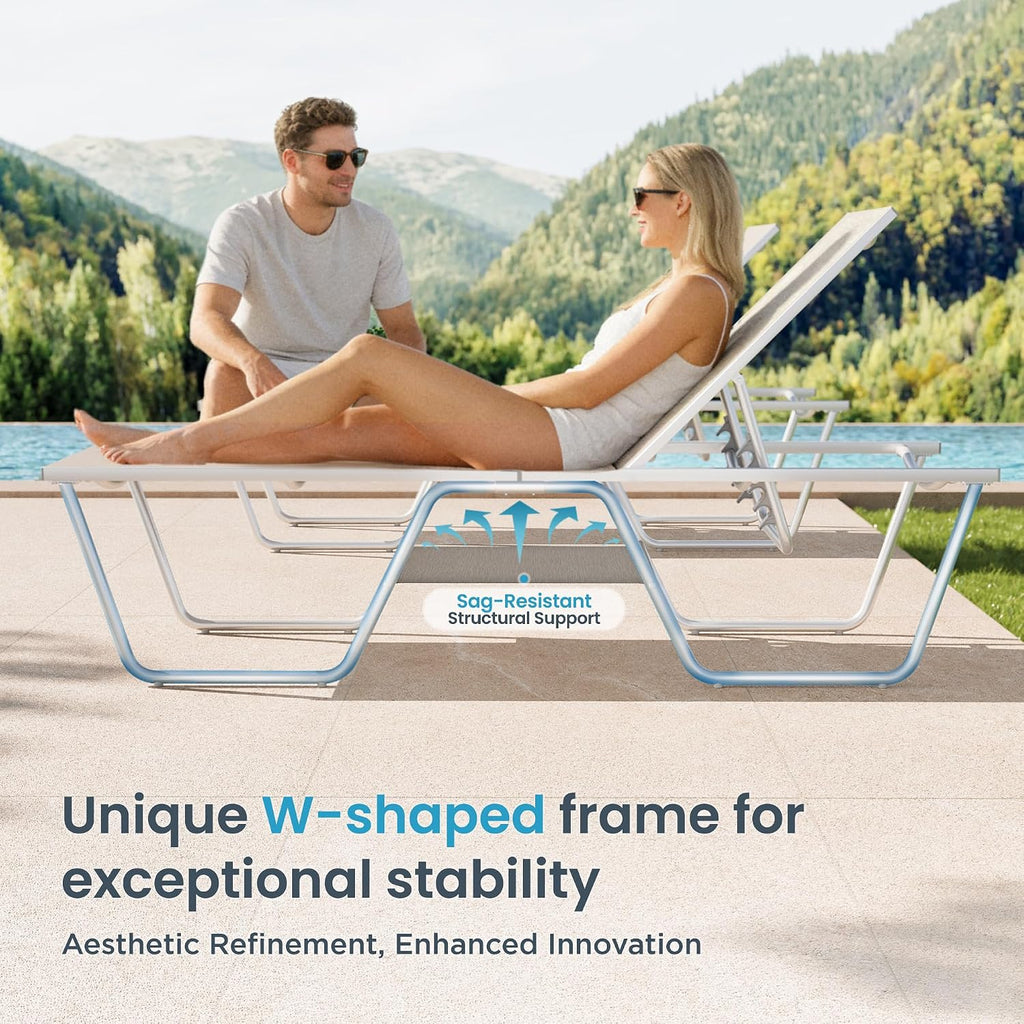 78" Oversized Outdoor Chaise Lounge Chair Set of 2, 27" Extra Wide Foldable, 5-Position Adjustable, UV50+ Textilene