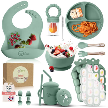 Baby Weaning Set - 15 Pcs Silicone Baby Feeding Set with Suction Plate, Bowl, Bib, Sippy Cup, Fruit Feeder & Freezer