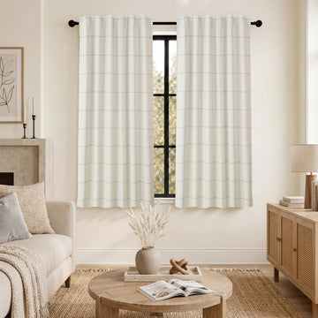 100% Blackout Windowpane Plaid Linen Curtains 54 Inches Taupe