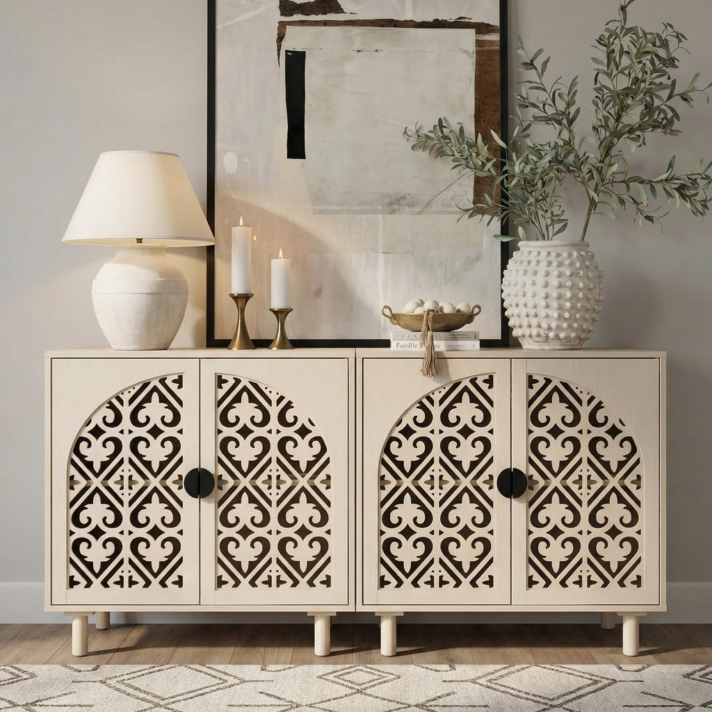 2 Doors Decorative Hollow Carved Storage Cabinet Sideboard, Natural, 1pc.
