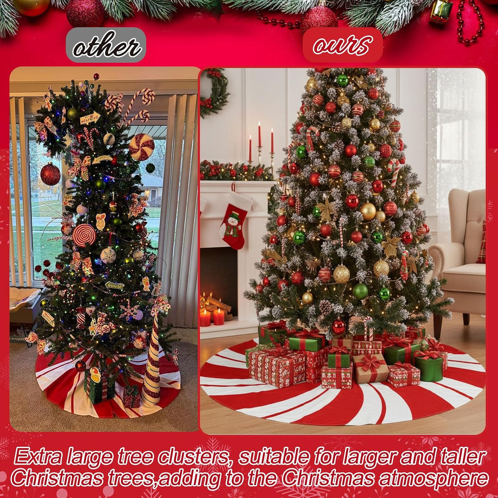 72 Inches Large Red Swirl Christmas Tree Skirt Sweet Candy Cane Christmas Tree Skirt Red and White Ornaments for