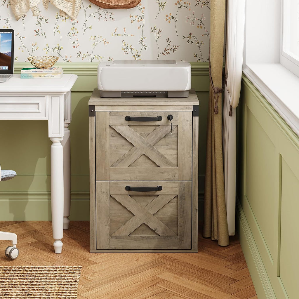 2-Drawer File Cabinet with Lock, Office Filing Cabinets, Gray Oak | Printer Stand, Letter & A4 Compatible, Home