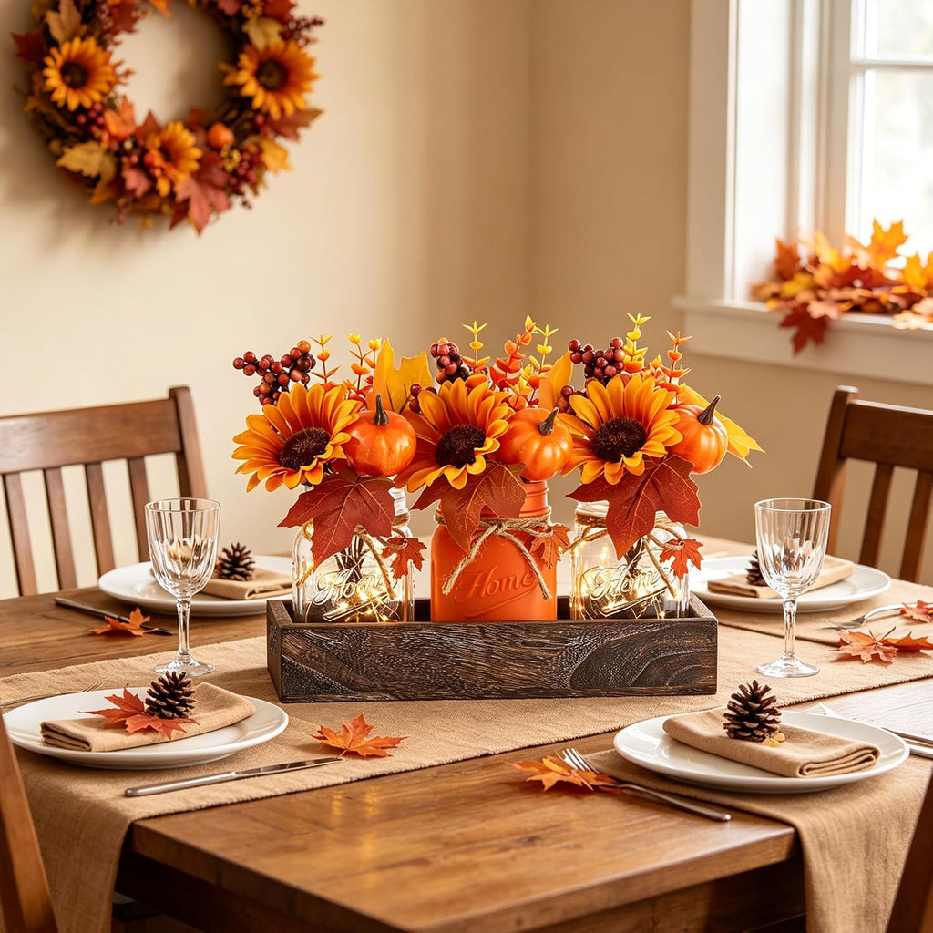 Mason Jar Fall Thanksgiving Table Decorations, Centerpieces for Tables - Set of 3