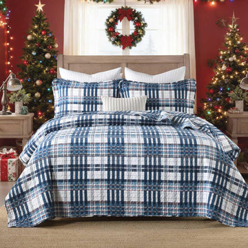100% Cotton Blue White Red Plaid Quilt, Gingham Comforter