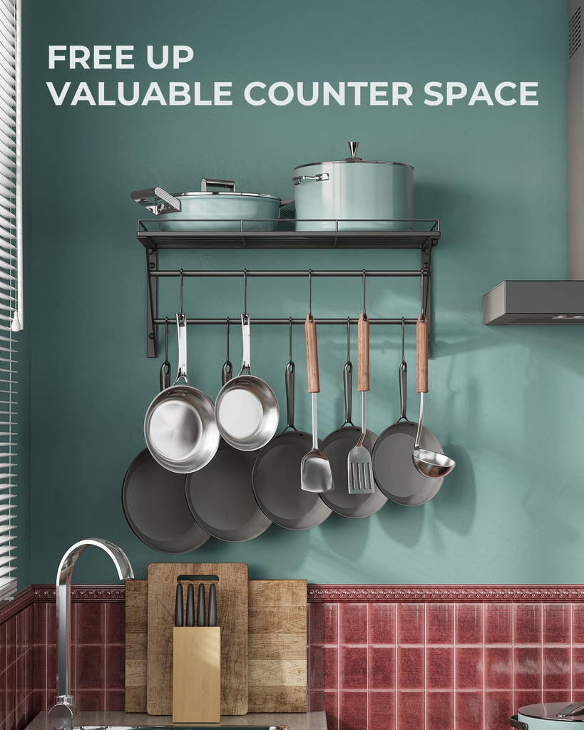 23" Pot Rack Wall Mounted, Pot Organizer with 2 Tier Hanging Rails