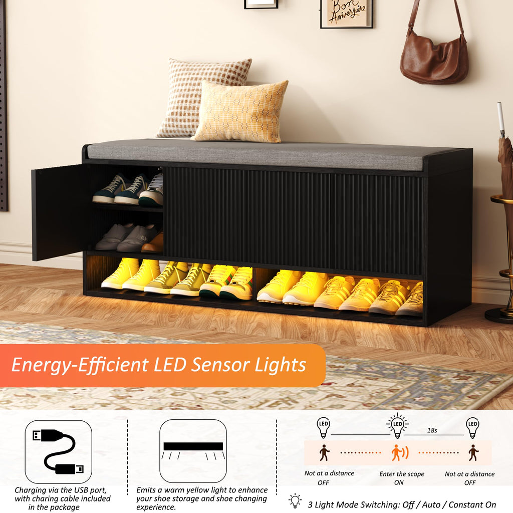 47.2" Fluted Shoe Storage Bench, Entryway Bench with Linen Seat Cushion, Shoe Cabinet Bench with Adjustable Shelf and