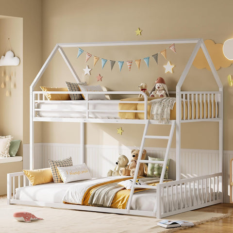 Bunk Bed Twin Over Full, House Bunk Bed Frame with Ladder and Guardrail