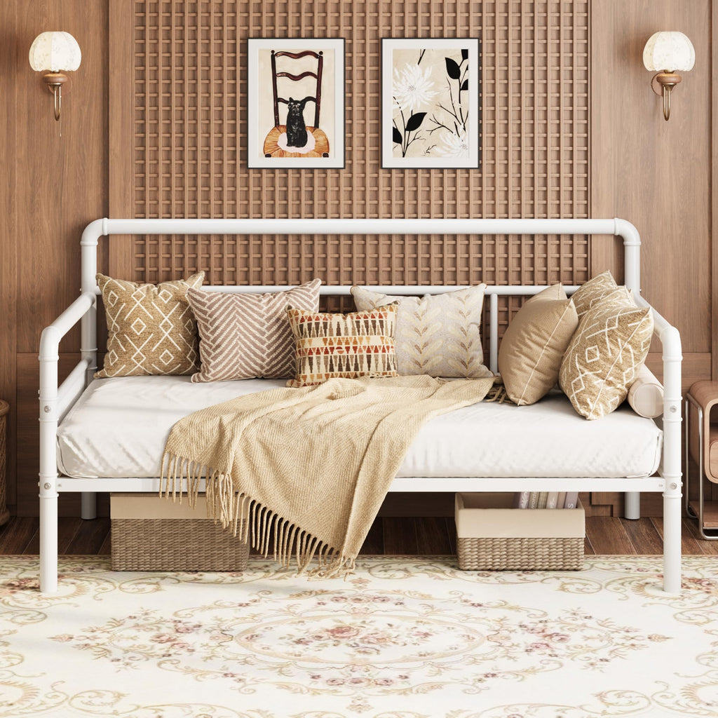 Twin Daybed with Classic Headboard, Metal Twin Bed Frame, White
