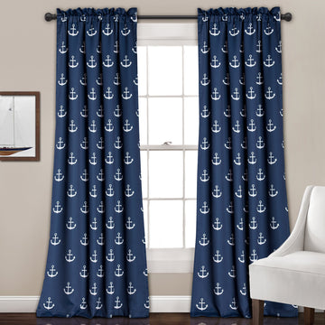 Darkening Window Curtain Set, Navy Anchor Print, 52" W x 84" L