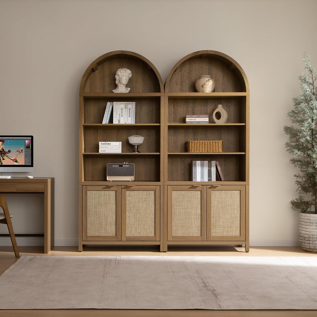 84.2" Tall Arched Bookcase with Doors - 5 Tier Rattan Bookshelf | Boho Arched Cabinet Large Book Shelf Case with