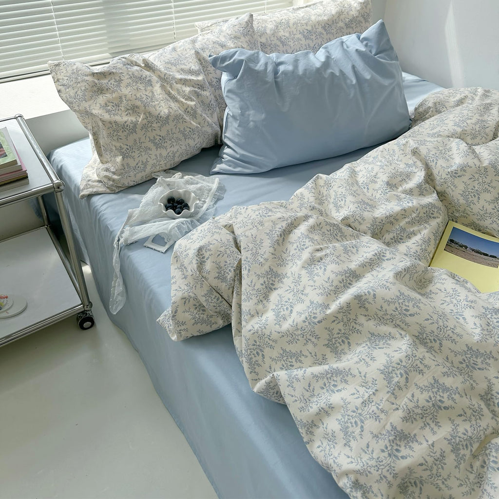 Blue Floral Duvet Cover Twin Size - 100% Cotton Soft Boho Comforter Cover with Zipper Closure 4 Ties, 3-Piece Vintage