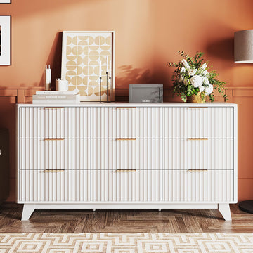 9 Drawer Dresser White Fluted Dresser with Rounded Edges, 57" Long Wood Dressers White and Gold, 57" W*15.75"