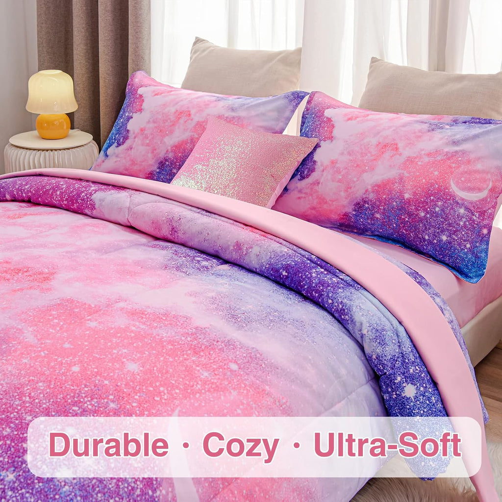 Galaxy Bedding Sets Outer Space Comforter 3D Printed Space Quilt Set Full 6Pcs Glitter Pink,for Children Boy Girl