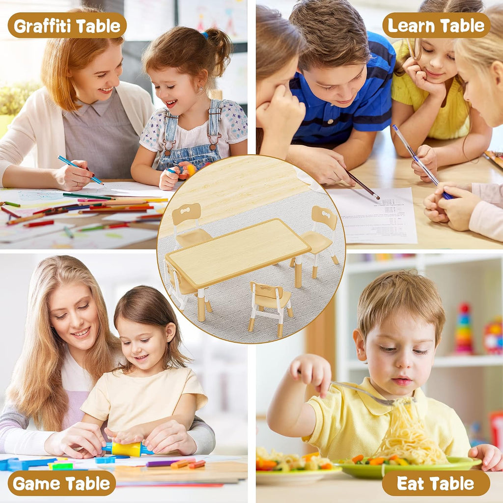 Height Adjustable Toddler Table and 4 Chairs Set, Beige
