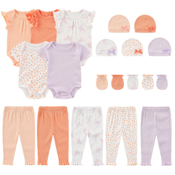 Newborn Layette Gift Set 20-Piece Cotton Baby Girl Clothes Essentials and Accessories(Bodysuits + Pants + Caps +