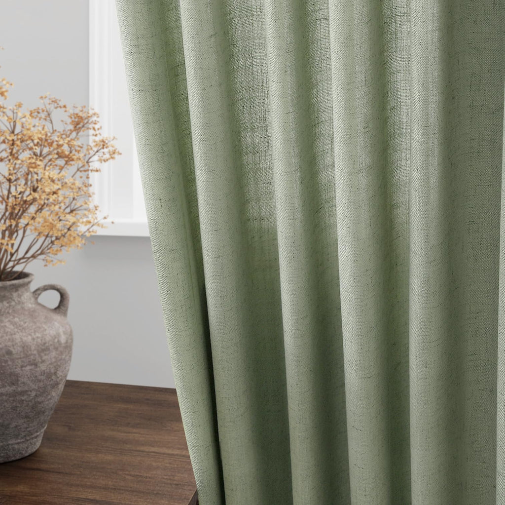 Extra Long Light Sage Linen Curtains 120 Inch 2 Panels Set Rod Pocket Back Tab Soft Linen Window Drapes Semi Sheer