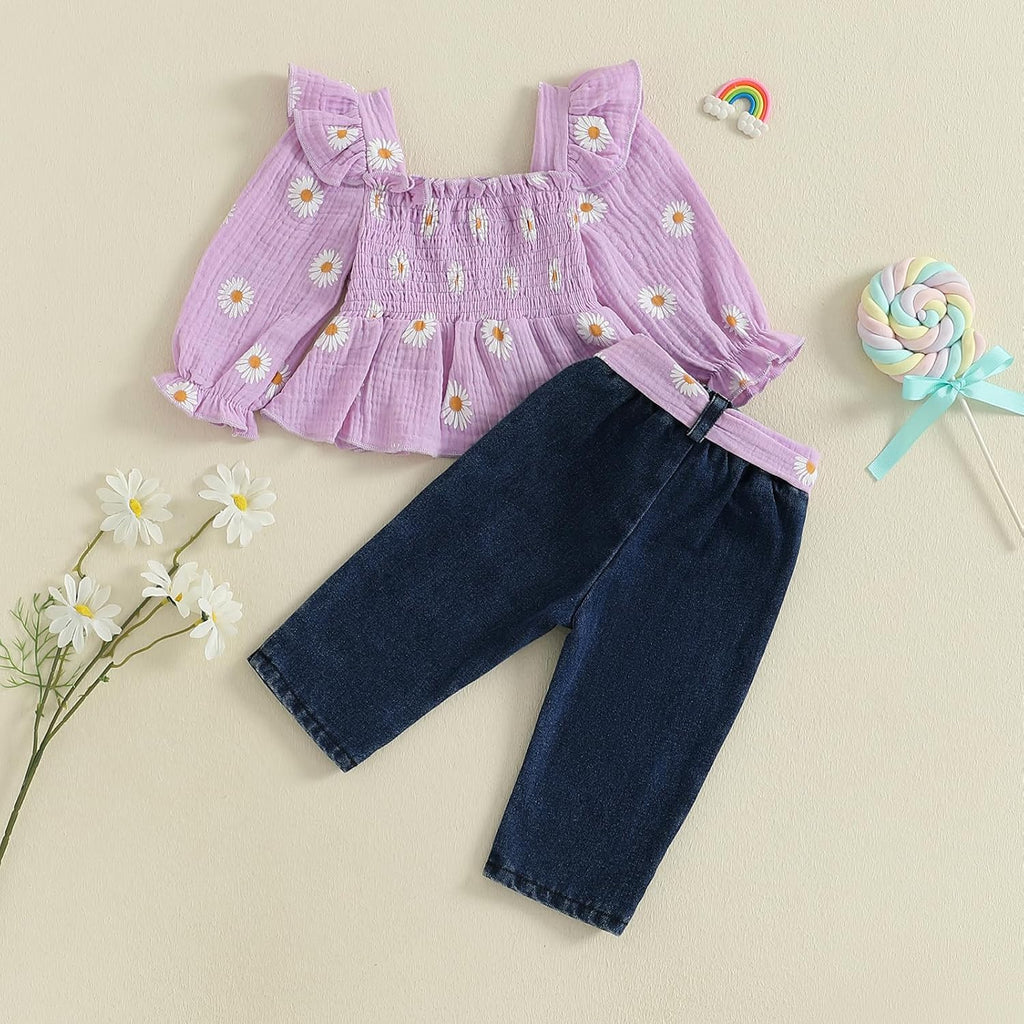 Toddler Baby Girl Clothes Linen Smocked Daisy Flutter Top Jeans Denim Pants Set Little Girls Fall Winter Ruffle Outfit