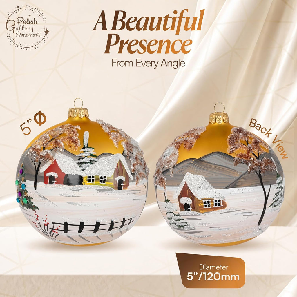 Hand Blown Glass Ball Christmas Ornament, 5 in, Countryside Gold