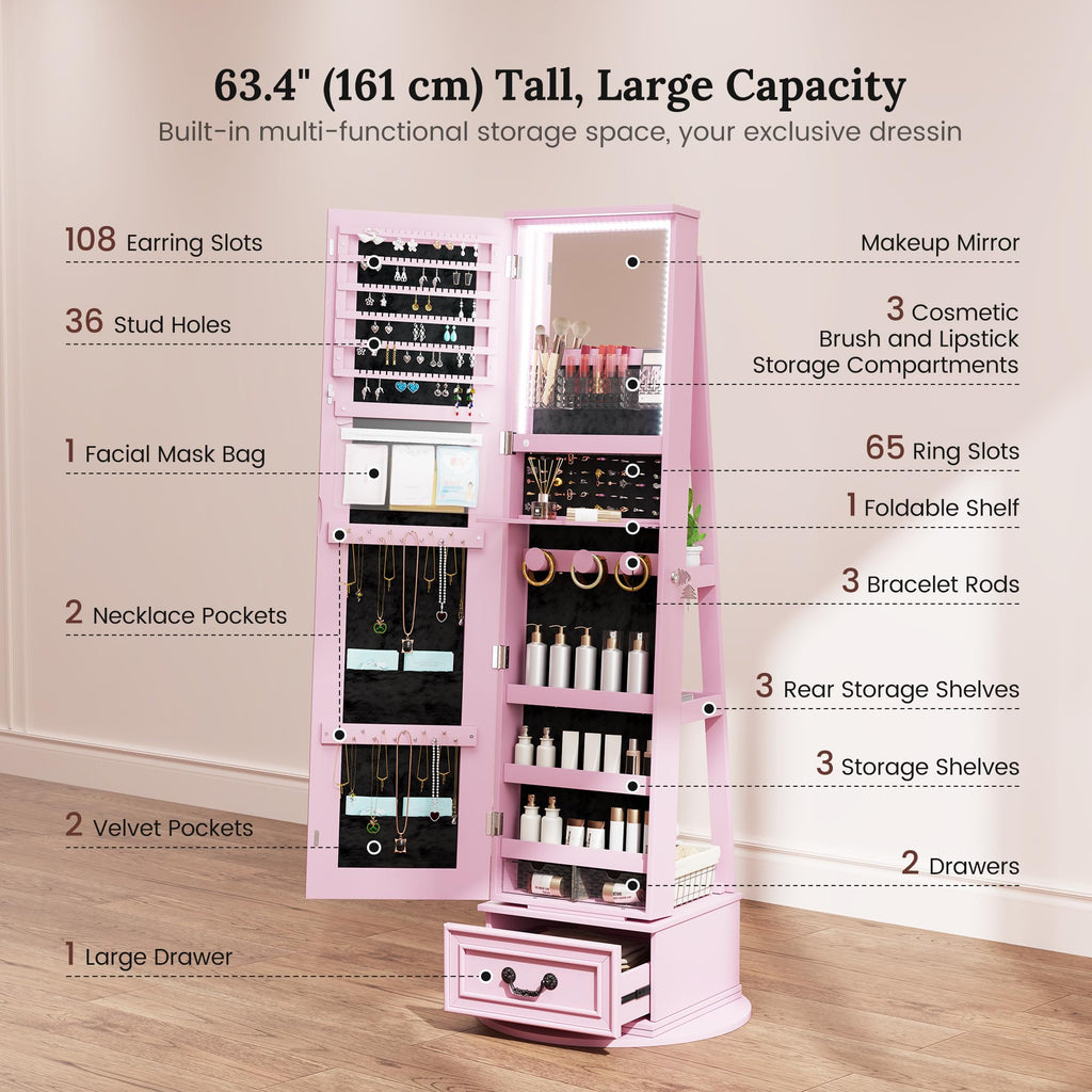 LED Mirror Jewelry Cabinet Standing, 360°Swivel Jewelry Armoire with Full Length Mirror, Mirror with Jewelry Storage