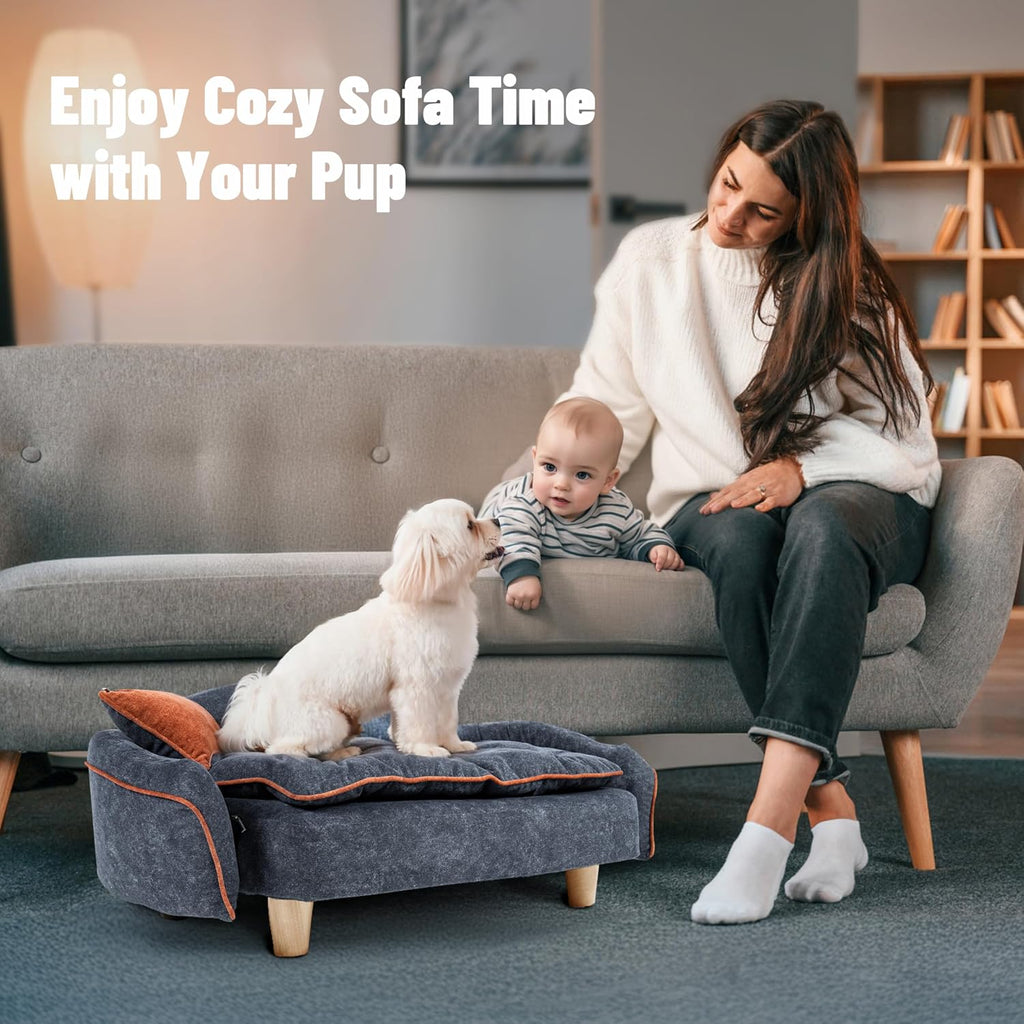 Elevated Small Dog Couch Bed with Bolster Sides, Raised Small Dog Sofa Bed with Headrest Pillow, Velvet Washable