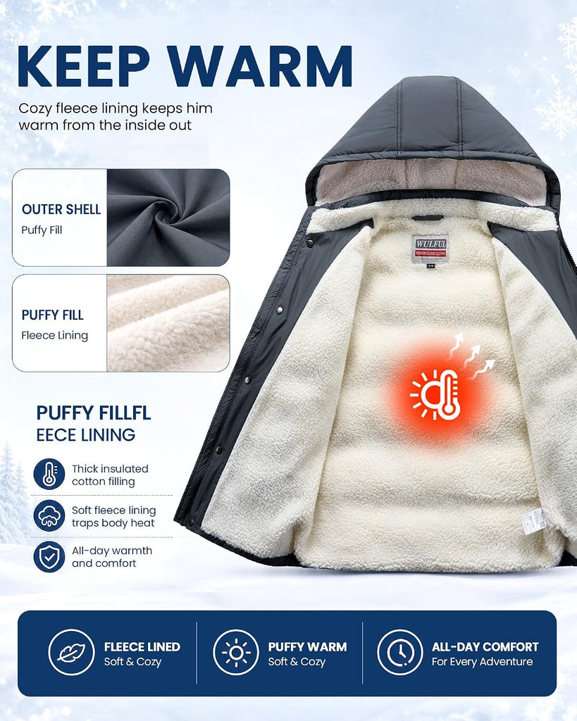 Kids Boy's Winter Coat Fleece Lined Waterproof Jacket Thick Hooded Puffer Cotton Parka Down Outdoor Coats