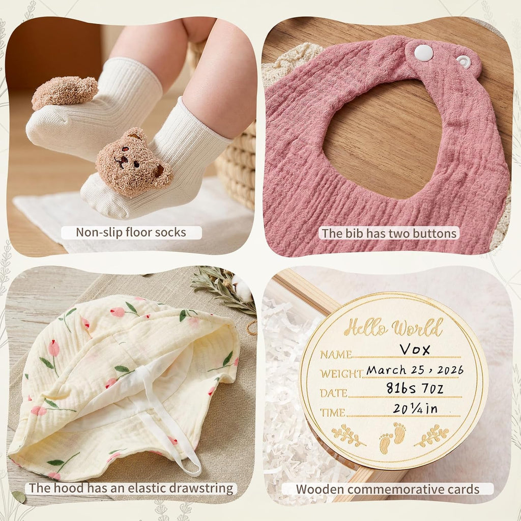 Baby Girl Gift Set Piece Newborn Essentials in Wooden Box, Cotton Floral Bodysuit Swaddle Blanket Bib Hat Socks