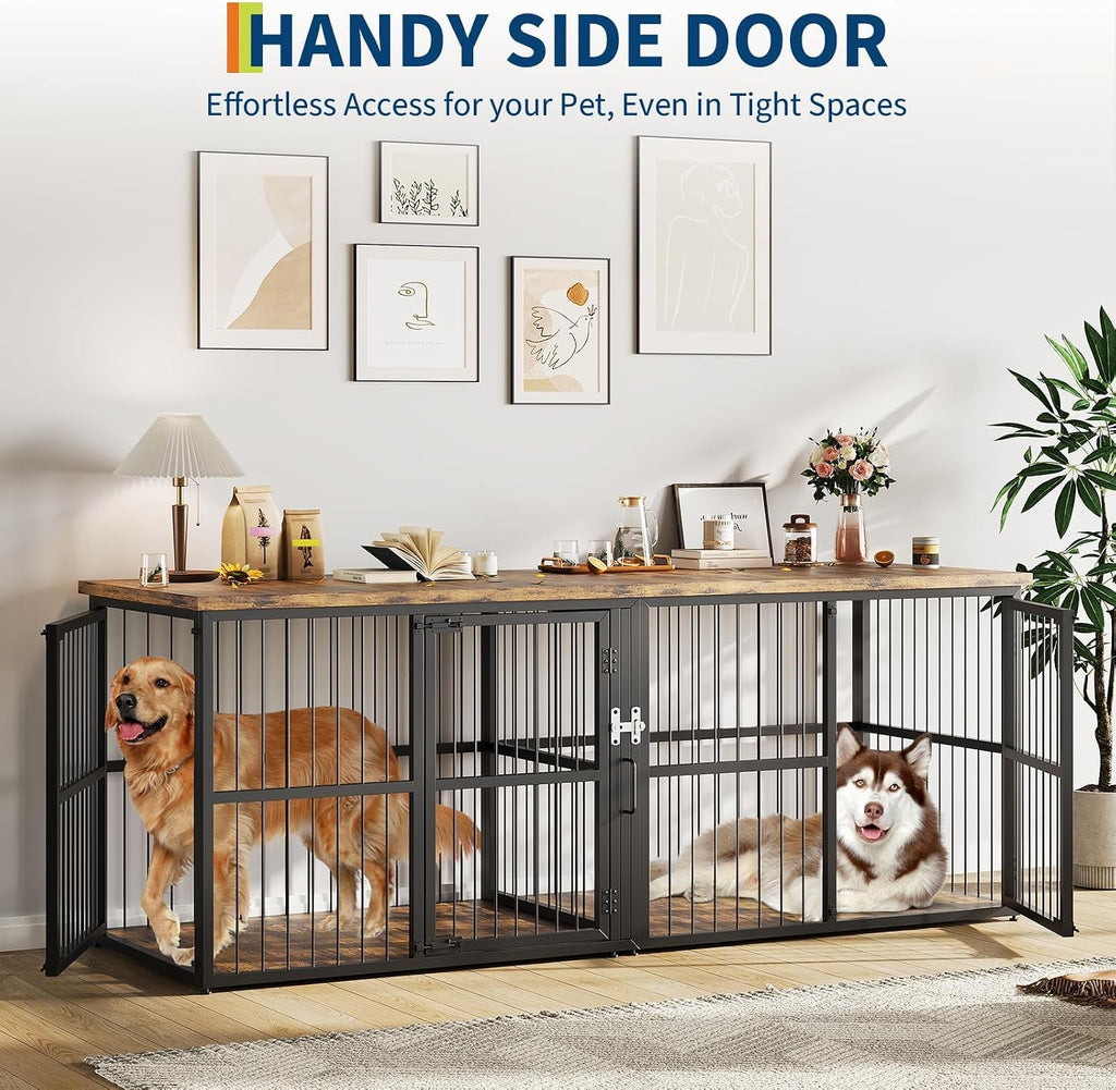 XXL Double Dog Crate Furniture - Heavy Duty Wooden Kennel with Divider - 2 Lockable Doors - Indoor Large Dog Cage