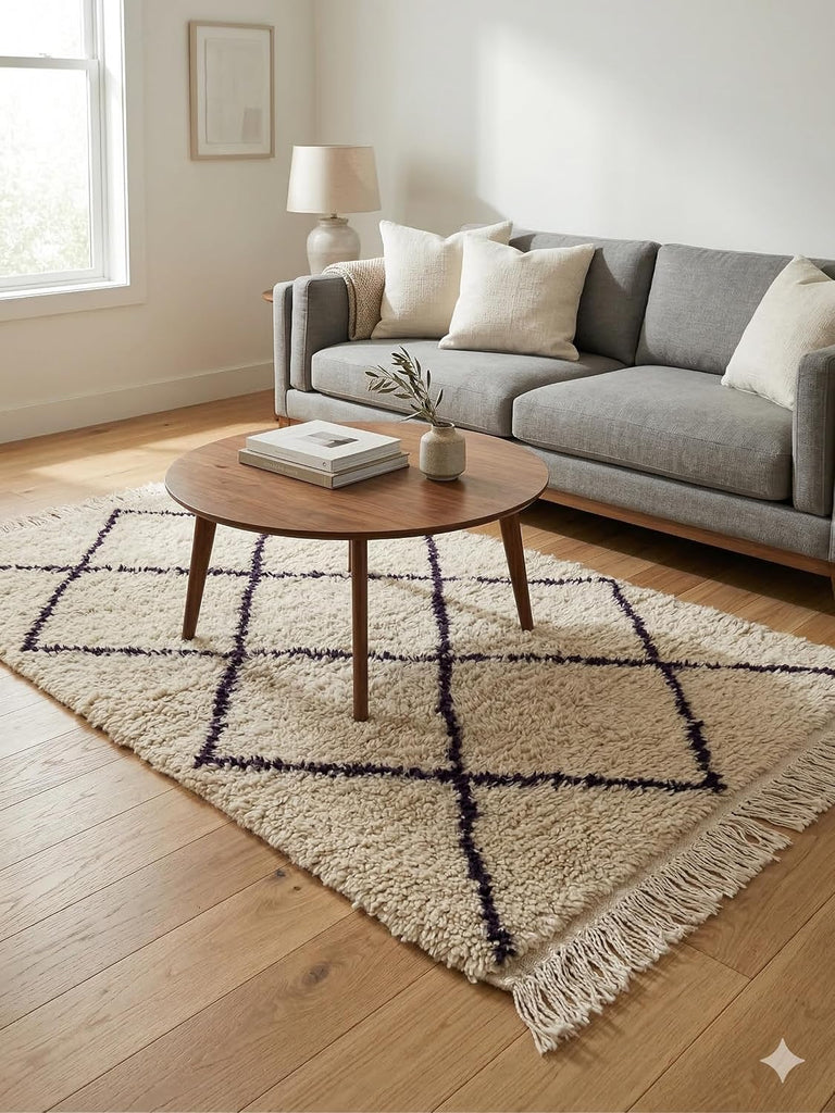 Handmade Moroccan Berber Area Rug, 100% Wool High Pile Shag, Beni Ourain Style, Ivory/Cream with Purple
