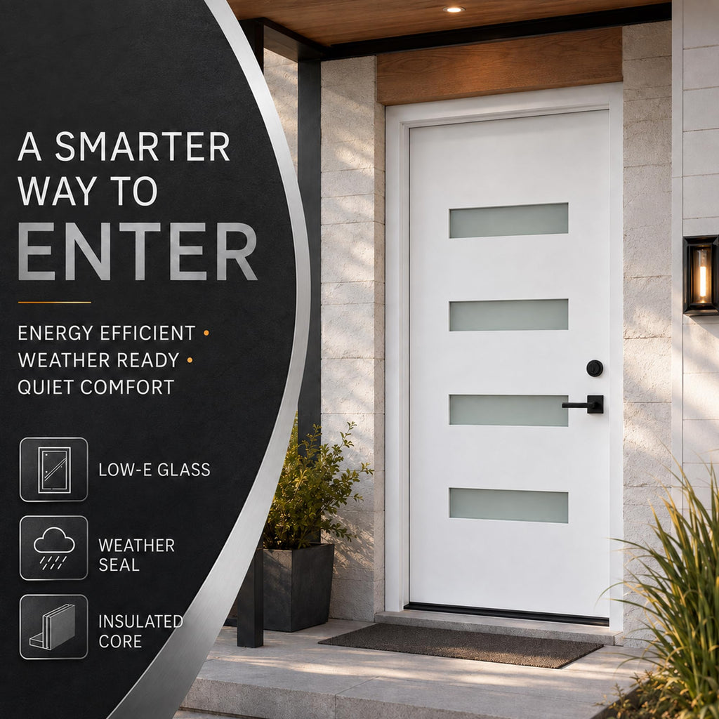 36 x 80 White Fiberglass Front Entry Door, Woodgrain Texture, 4-Lite Frosted Low-E Glass, 4-9/16" Vinyl Frame &