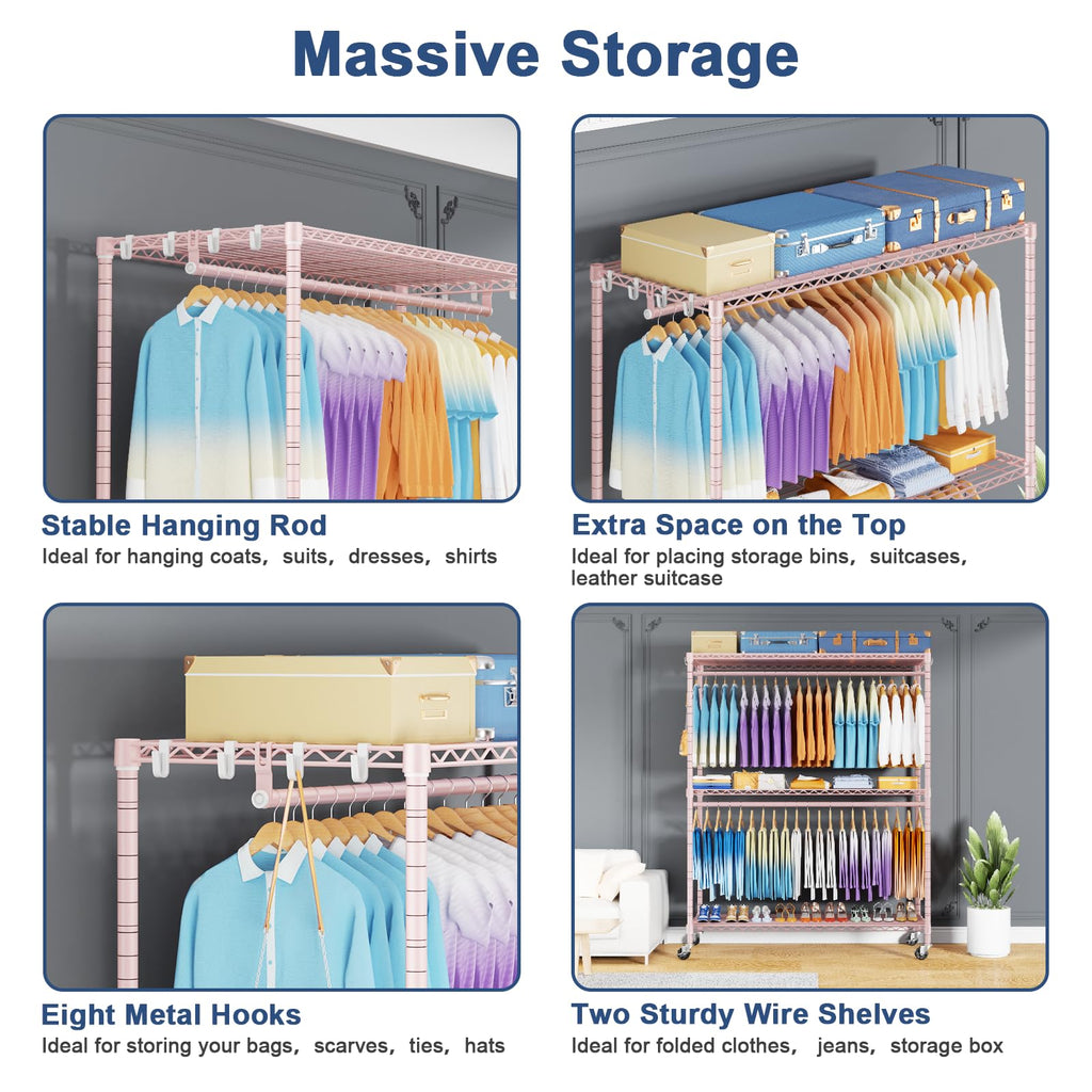 P8 Max Heavy Duty Clothes Rack(With Extended Width Design) Rolling Clothing Racks for Hanging Clothes,Portable