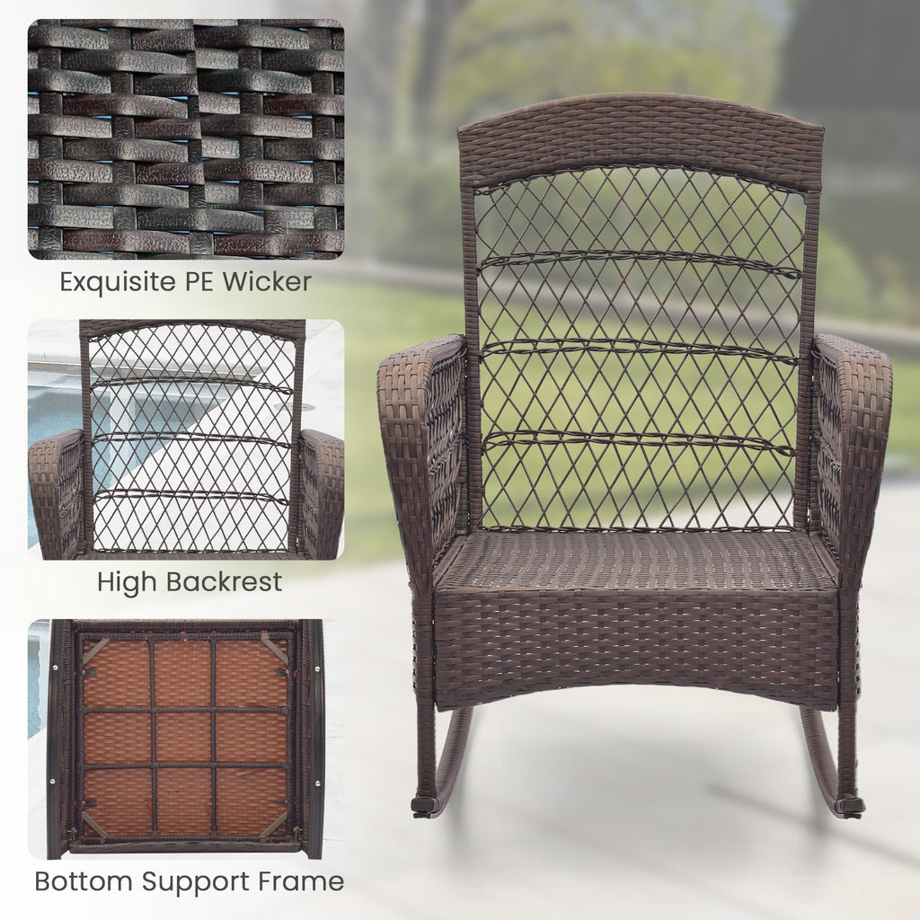 3 Pieces Patio Rocking Chair Set, Wicker Bistro Set (Grey)