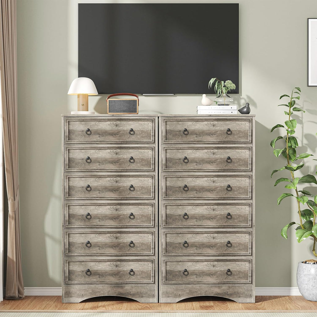 6 Drawer Dresser 52" Tall , Wood 6 Chest Drawers, Storage for Clothes, Narrow Large Drawers, Taupe Vintage
