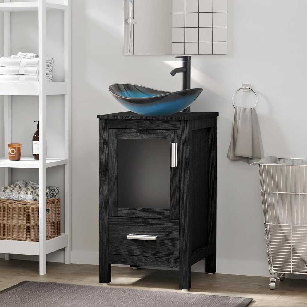 18 Inch Small Bathroom Vanity with Vessel Sink, Modern Freestanding Cabinet with Matte Glass Door, Drawer, Water-Saving Faucet & Pop-Up Drain, Black