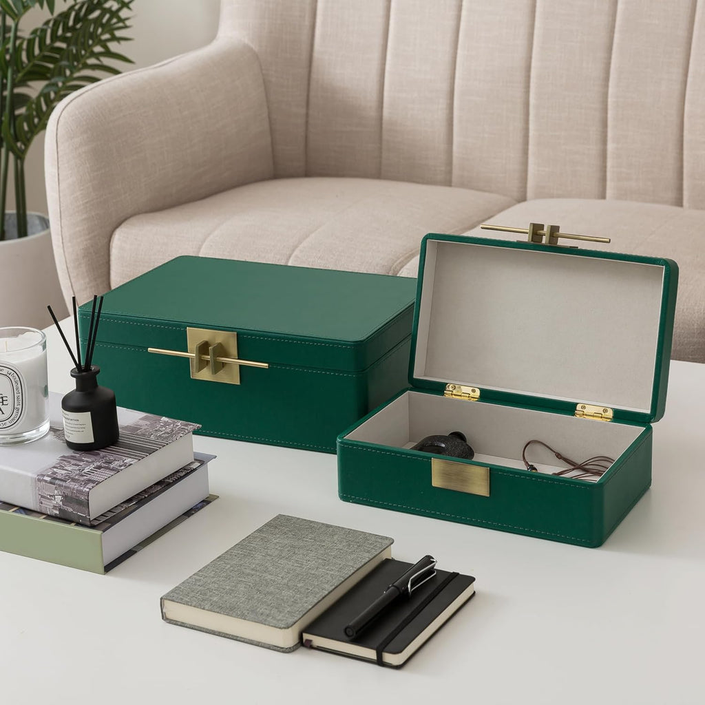 Faux Leather Boxes with Lids, Emerald Green - Set of 2