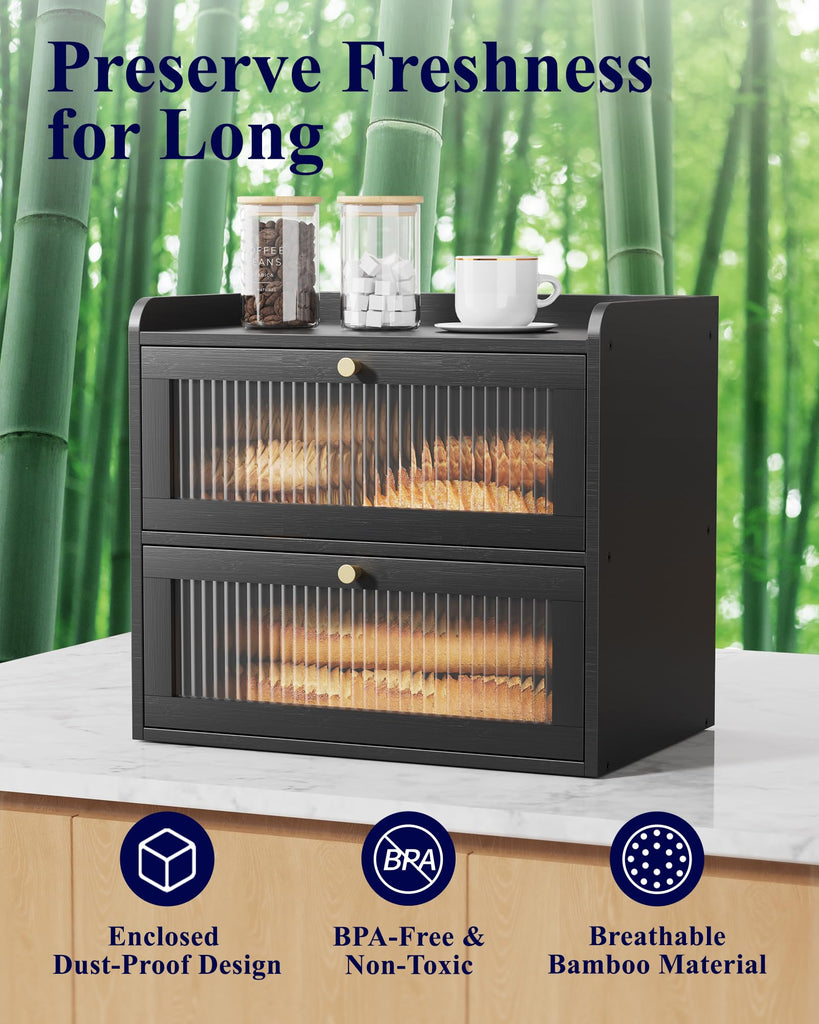 Bread Box - Wooden Countertop, Large Capacity, Black