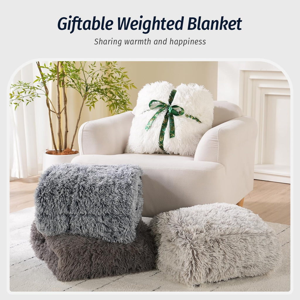 Shaggy Faux Fur Weighted Blanket for Adult 15lbs, Queen Size 60x80 | Fluffy Long Plush Fleece; Fuzzy Sherpa Reverse;