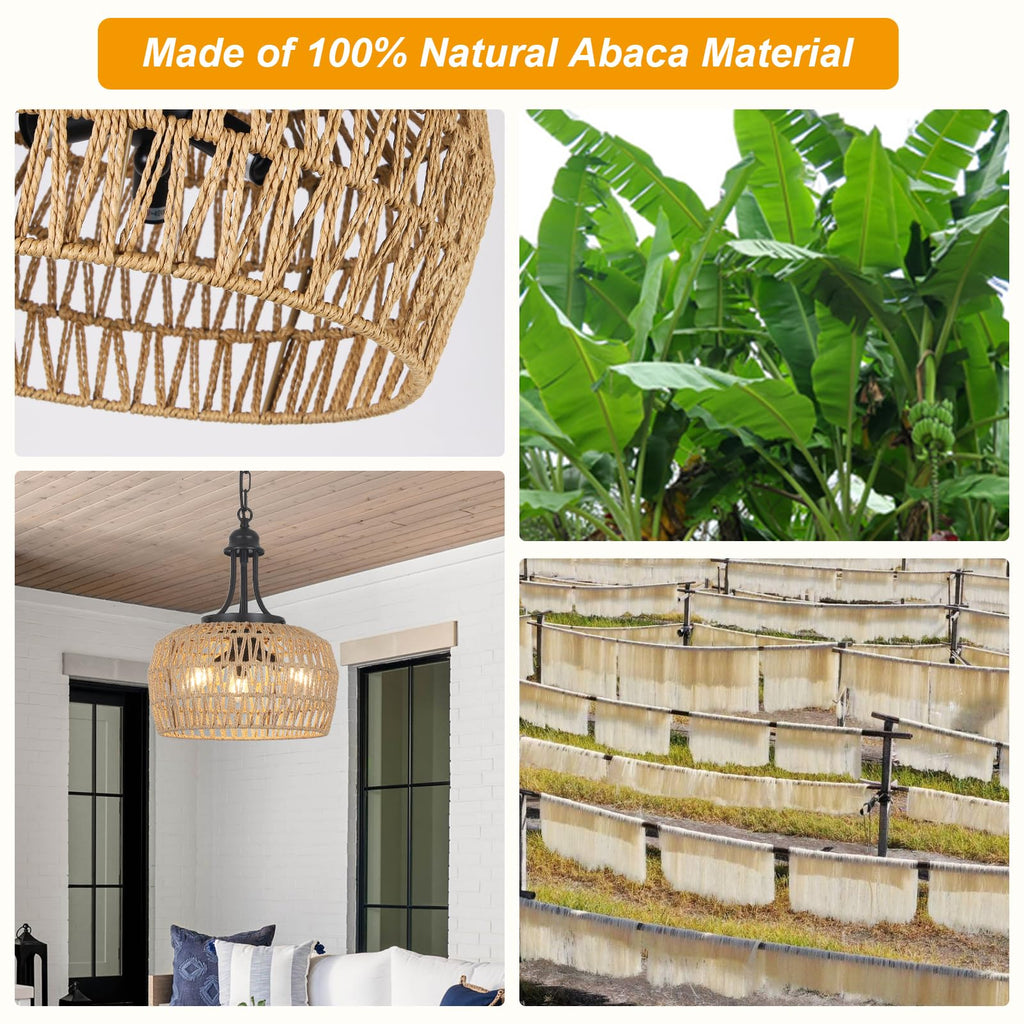 Farmhouse Chandelier, 3-Light Boho Rattan Chandelier Light Fixture Ceiling Hanging with Woven Lampshade, Small