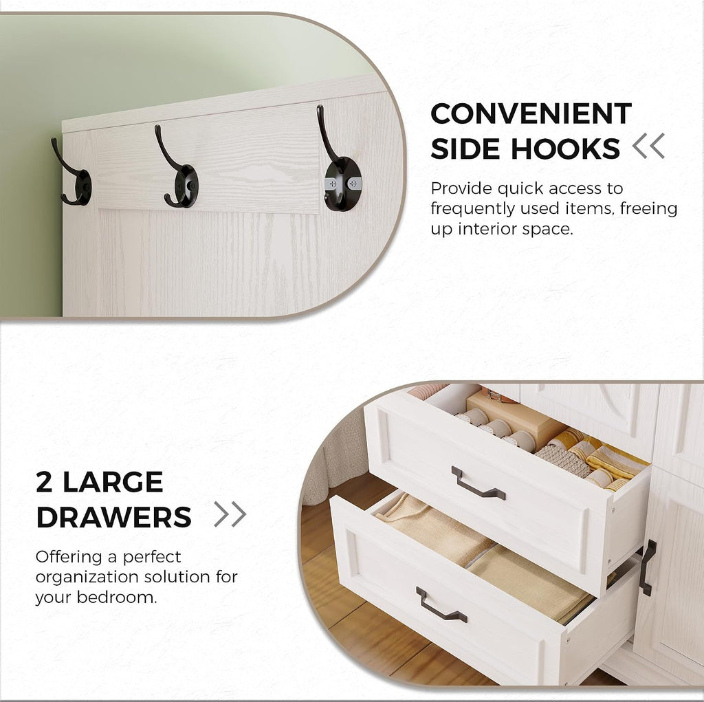 Armoire Wardrobe Closet with 4 Doors and Drawers, White | Wardrobe Cabinet with Storage Shelves and Side Hooks