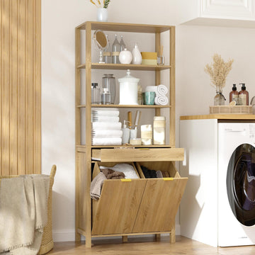 Double Tilt Out Laundry Hamper with Drawer, Hidden Laundry Hamper Cabinet with Open Shelves & 2 Tilt Out Trash
